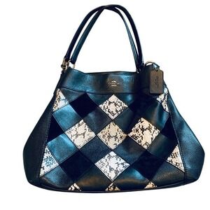 Coach Lexy Patchwork Exotic Hobo Bag Navy Blue Snakeskin Suede F57509